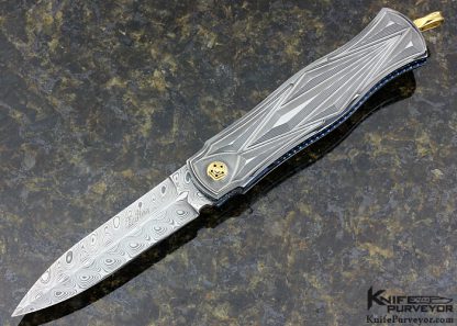 Des Horn Custom Knife Damasteel & Prism-Art Carved 416 Stainless Steel Scale Release Credit Card Auto Knife