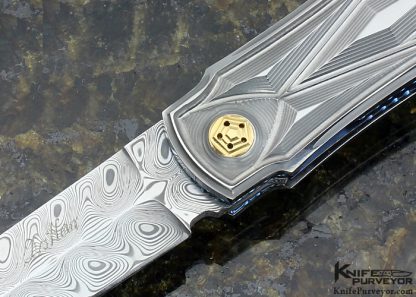 Des Horn Custom Knife Damasteel & Prism-Art Carved 416 Stainless Steel Scale Release Credit Card Auto Knife - Image 2