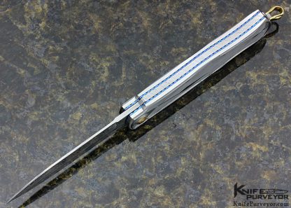 Des Horn Custom Knife Damasteel & Prism-Art Carved 416 Stainless Steel Scale Release Credit Card Auto Knife - Image 4
