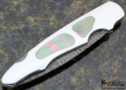 Joe Kious Custom Knife Black Lip Tahitian Pearl Shell Double Interframe Lockback Wharncliff with Mike Norris Stainless Damascus - Image 3