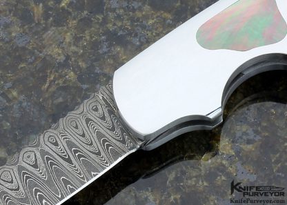 Joe Kious Custom Knife Black Lip Tahitian Pearl Shell Double Interframe Lockback Wharncliff with Mike Norris Stainless Damascus - Image 2