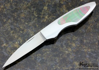 Joe Kious Custom Knife Black Lip Tahitian Pearl Shell Interframe Lockback Wharncliff Hand Rubbed Satin Finished ATS-34 Blade
