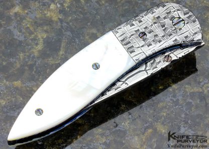 Rick Dunkerley Custom Knife Sole Authorship Mosaic "Fossil" Damascus & Mother of Pearl Shell Linerlock - Image 3