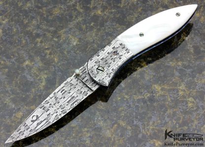 Rick Dunkerley Custom Knife Sole Authorship Mosaic "Fossil" Damascus & Mother of Pearl Shell Linerlock
