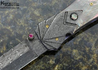 Mark Steinbrecher Custom Knife Blacklip Pearl and Jerry Rados "Turkish Twist" Damascus Double Action Automatic Linerlock - Image 2