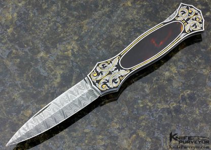 Joe Kious Custom Knife Damascus & Exotic Material Lockback Dagger Engraved by Joe Mason