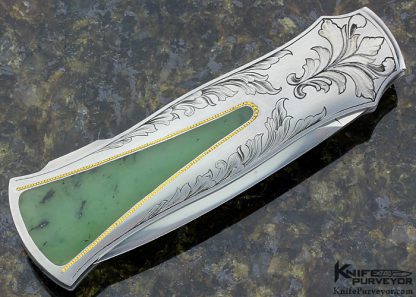 Dwight Towell Custom Knife Sole Authorship Engraved Green Jade Interframe Lockback Dagger with 24Kt Gold Inlays - Image 3
