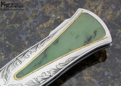Dwight Towell Custom Knife Sole Authorship Engraved Green Jade Interframe Lockback Dagger with 24Kt Gold Inlays - Image 4