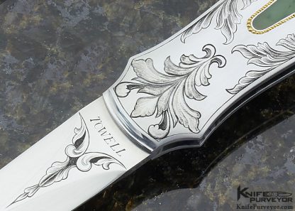 Dwight Towell Custom Knife Sole Authorship Engraved Green Jade Interframe Lockback Dagger with 24Kt Gold Inlays - Image 2