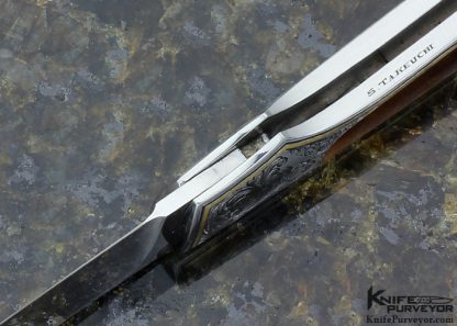 Koichi Kagawa Custom Knife Tiger Eye Interframe Engraved by S. Takeuchi Tiger Eye with Gold Inlays Midlock - Image 7