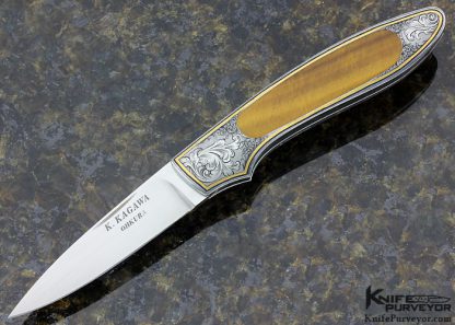 Koichi Kagawa Custom Knife Tiger Eye Interframe Engraved by S. Takeuchi Tiger Eye with Gold Inlays Midlock