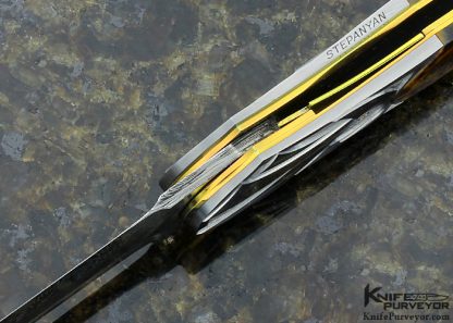 Owen Wood Custom Knife Sole Authorship "Chevron & Explosion" Damascus & Pietersite Linerlock Dagger Engraved by Amayak Stepanyan - Image 6