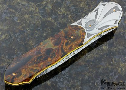Owen Wood Custom Knife Sole Authorship "Chevron & Explosion" Damascus & Pietersite Linerlock Dagger Engraved by Amayak Stepanyan - Image 3