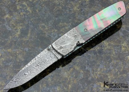 Jerry McClure Custom Knife Damasteel & Black Lip Tahitian Pearl Shell Linerlock