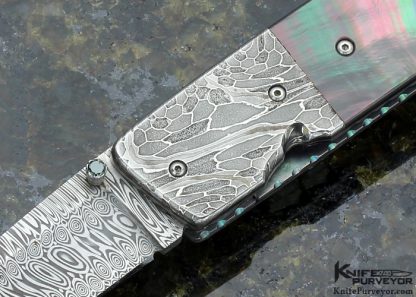 Jerry McClure Custom Knife Damasteel & Black Lip Tahitian Pearl Shell Linerlock - Image 2