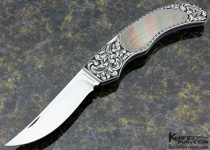Jim Martin Custom Knife Sole Authorship Engraved Black Lip Tahitian Pearl Shell Inteframe Front Lock 16771