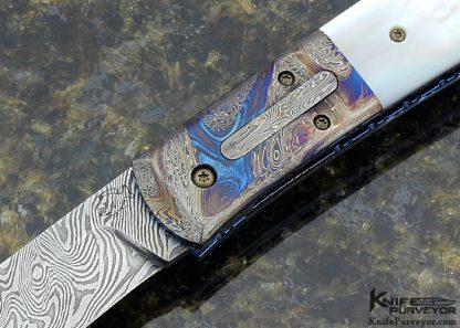Don Hanson III Custom Knife Mother of Pearl Shell and Sole Authorship Damascus Linerlock Auto - Image 2