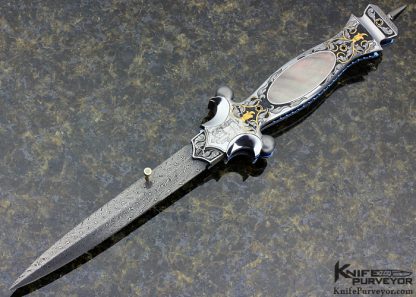 Shaun and Sharla Hansen Custom Knife Sole Authorship Damascus and Engraved Black Lip Tahitian Pearl Shell Interframe Linerlock Dagger