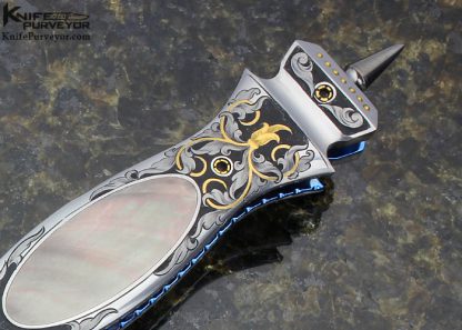 Shaun and Sharla Hansen Custom Knife Sole Authorship Damascus and Engraved Black Lip Tahitian Pearl Shell Interframe Linerlock Dagger - Image 5