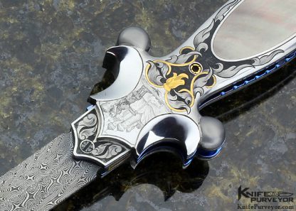 Shaun and Sharla Hansen Custom Knife Sole Authorship Damascus and Engraved Black Lip Tahitian Pearl Shell Interframe Linerlock Dagger - Image 2