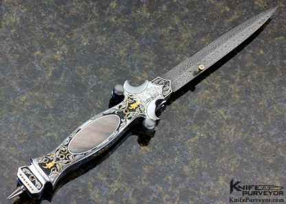Shaun and Sharla Hansen Custom Knife Sole Authorship Damascus and Engraved Black Lip Tahitian Pearl Shell Interframe Linerlock Dagger - Image 6