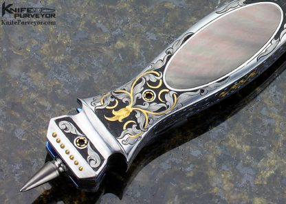 Shaun and Sharla Hansen Custom Knife Sole Authorship Damascus and Engraved Black Lip Tahitian Pearl Shell Interframe Linerlock Dagger - Image 8