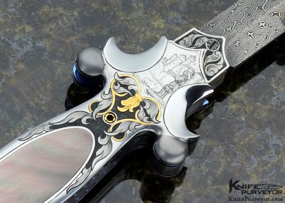 Shaun and Sharla Hansen Custom Knife Sole Authorship Damascus and Engraved Black Lip Tahitian Pearl Shell Interframe Linerlock Dagger - Image 7