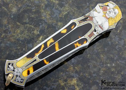Warren Osborne Custom Knife Jon Robyn Engraved "Pirate"  Exotic Material And Damascus Auto Lockback Dagger - Image 4