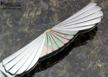 Ken Steigerwalt Custom Knife Fluted Black Lip Pearl and Carved Steel "Icarus Lockback" - Image 3