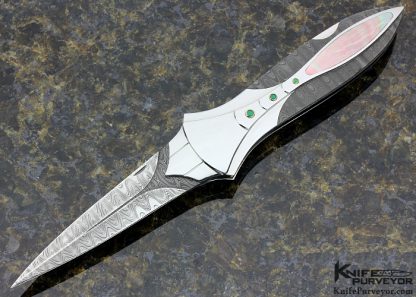 Ron Best Custom Knife Carved Damascus & Black Lip Tahitian Pearl Lockback Dagger