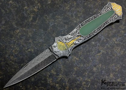Joe Kious Custom Knife Damascus & Jade Interframe Lockback Dagger Engraved by Tim George