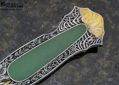 Joe Kious Custom Knife Damascus & Jade Interframe Lockback Dagger Engraved by Tim George - Image 3