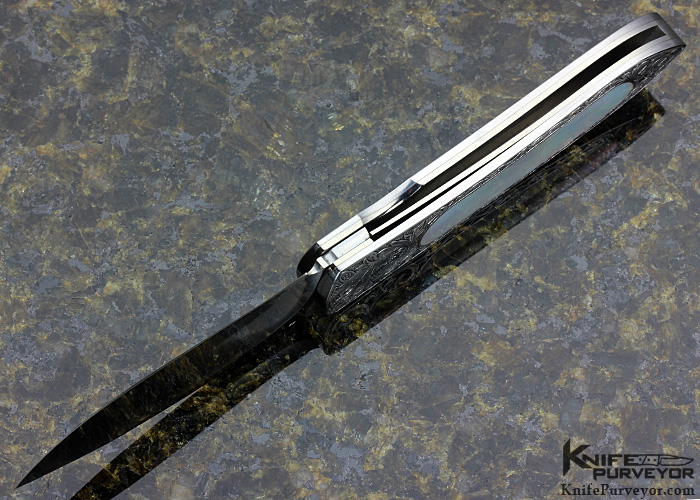 Andre van Heerden Custom Knife Mother of Pearl Shell Interframe Linerlock Engraved by Helen van Wyck - Image 6