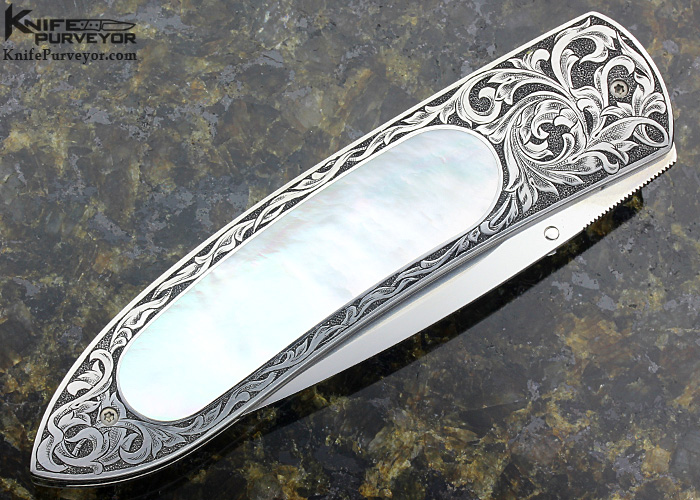 Andre van Heerden Custom Knife Mother of Pearl Shell Interframe Linerlock Engraved by Helen van Wyck - Image 4