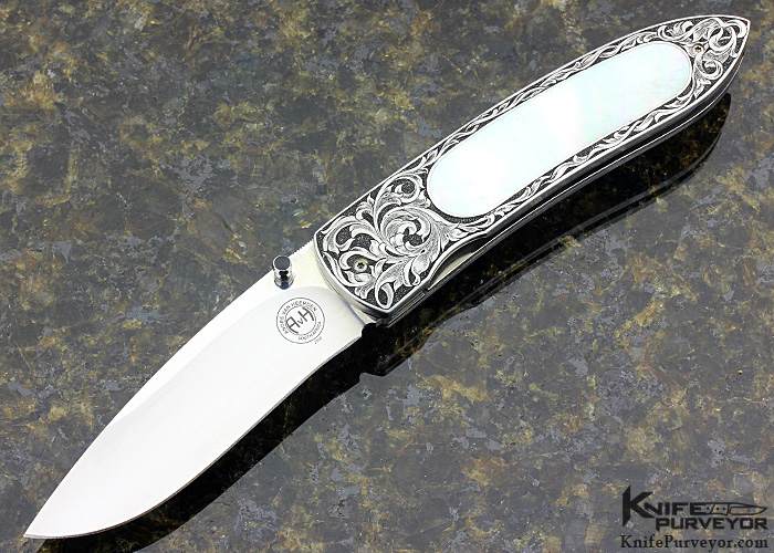 Andre van Heerden Custom Knife Mother of Pearl Shell Interframe Linerlock Engraved by Helen van Wyck