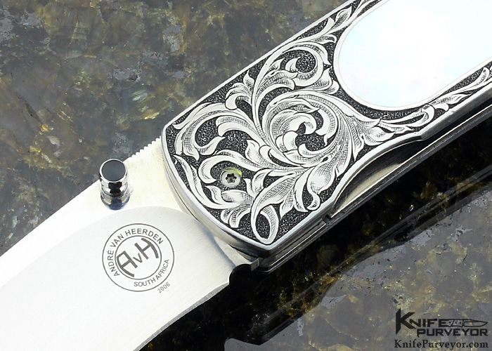 Andre van Heerden Custom Knife Mother of Pearl Shell Interframe Linerlock Engraved by Helen van Wyck - Image 2