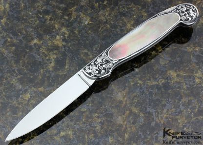 Andy Mills Custom Knives Terry Theis Engraved Black Lip Tahitian Pearl Shell Interframe Lockback