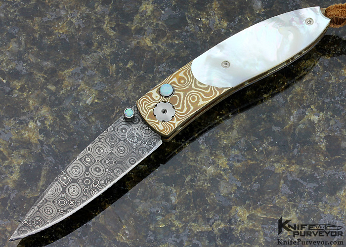 William Henry Custom Knife B5 Mother Of Pearl Shell With Mokume And Damascus Button Lock