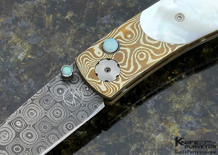 William Henry Custom Knife B5 Mother Of Pearl Shell With Mokume And Damascus Button Lock - Image 2