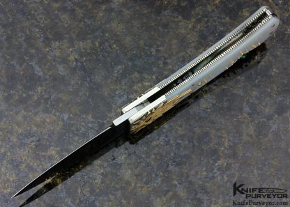 Dellana Custom Knife Sole Authorship Composite "Stars" Damascus & 14Kt Gold Lockback with Natural Emerald Cabochons - Image 5
