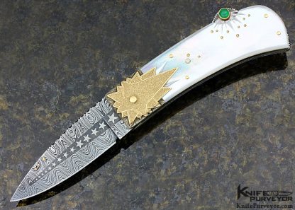 Dellana Custom Knife Sole Authorship Composite "Stars" Damascus & 14Kt Gold Lockback with Natural Emerald Cabochons