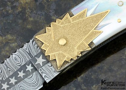 Dellana Custom Knife Sole Authorship Composite "Stars" Damascus & 14Kt Gold Lockback with Natural Emerald Cabochons - Image 2