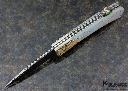 Dellana Custom Knife Sole Authorship Composite "Stars" Damascus & 14Kt Gold Lockback with Natural Emerald Cabochons - Image 4