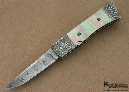 M.S. Doane Custom Knife Black Lip Tahitian Pearl Shell & Damascus Button Release Auto