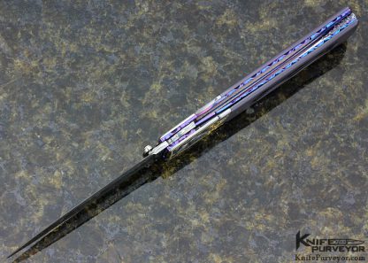 Howard Hitchmough Custom Knife Julie Warenski Engraved Damasteel & Bead Blasted Titanium with Black Lip Pearl Inlay Linerlock Dagger - Image 6