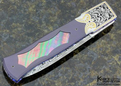 Howard Hitchmough Custom Knife Julie Warenski Engraved Damasteel & Bead Blasted Titanium with Black Lip Pearl Inlay Linerlock Dagger - Image 4