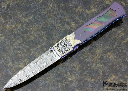 Howard Hitchmough Custom Knife Julie Warenski Engraved Damasteel & Bead Blasted Titanium with Black Lip Pearl Inlay Linerlock Dagger