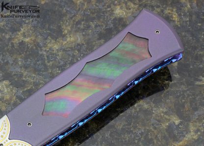 Howard Hitchmough Custom Knife Julie Warenski Engraved Damasteel & Bead Blasted Titanium with Black Lip Pearl Inlay Linerlock Dagger - Image 3