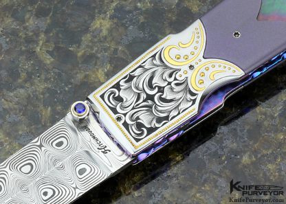 Howard Hitchmough Custom Knife Julie Warenski Engraved Damasteel & Bead Blasted Titanium with Black Lip Pearl Inlay Linerlock Dagger - Image 2