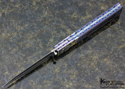 Howard Hitchmough Custom Knife Julie Warenski Engraved Damasteel & Bead Blasted Titanium with Black Lip Pearl Inlay Linerlock Dagger - Image 5